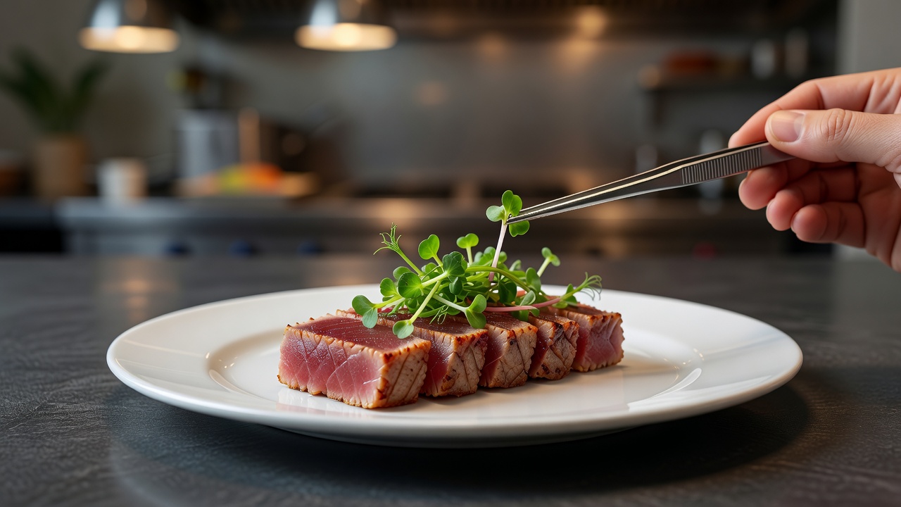 Detailed plating shot with fine tweezers placing fresh microgreens on seared tuna