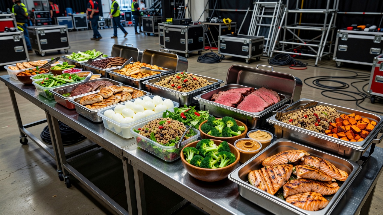 Fresh high-protein buffet setup for stadium stage crew lunch