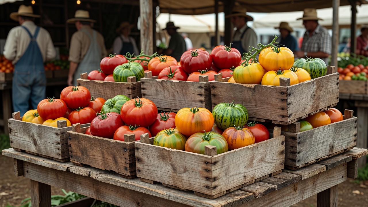 Freshly harvested heirloom tomatoes displayed in organic wooden crates at a regional market