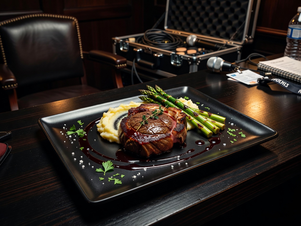 Gourmet steak dish meticulously plated for VIP backstage artists