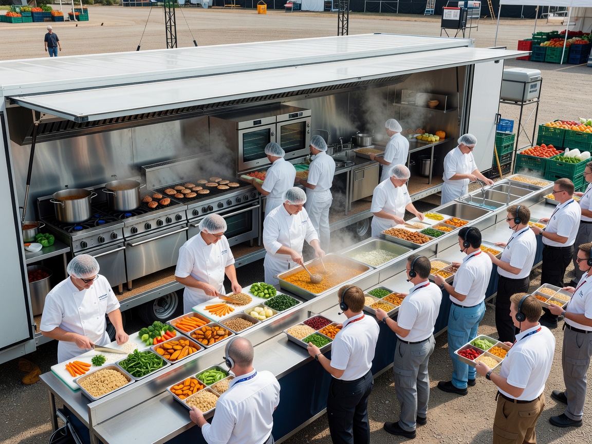 High-capacity mobile kitchen layout serving hot nutritious meals to event crew