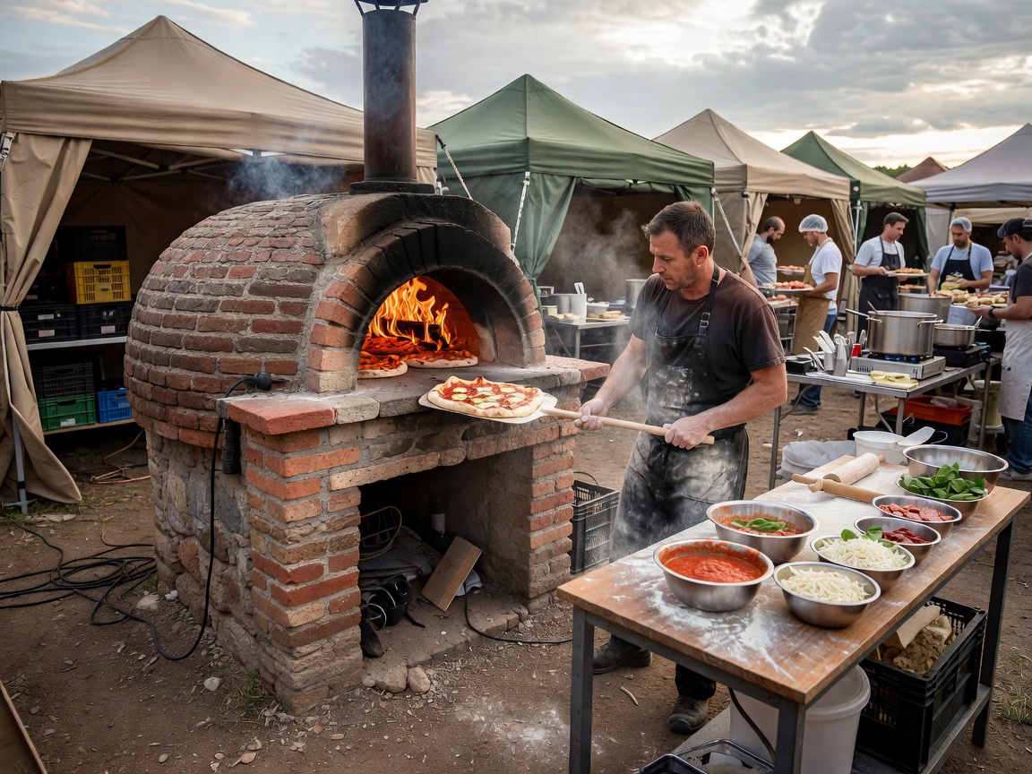 Live wood-fired pizza kitchen setup inside backstage catering village