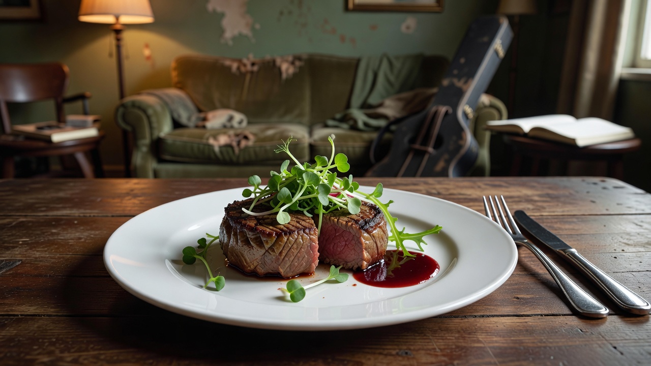 Plated gourmet filet mignon with organic microgreens prepared for artist green room