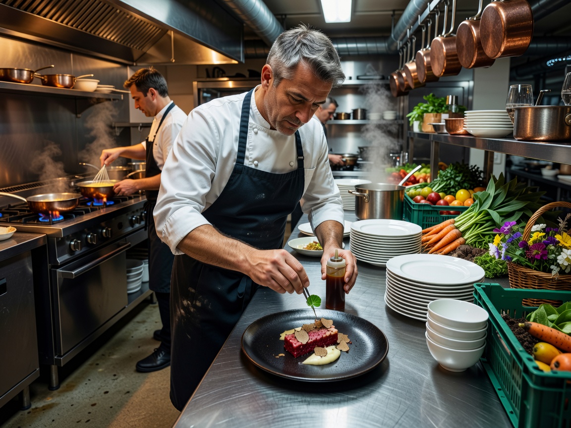 Professional chef preparing high-end artisanal dishes in a live backstage kitchen environment