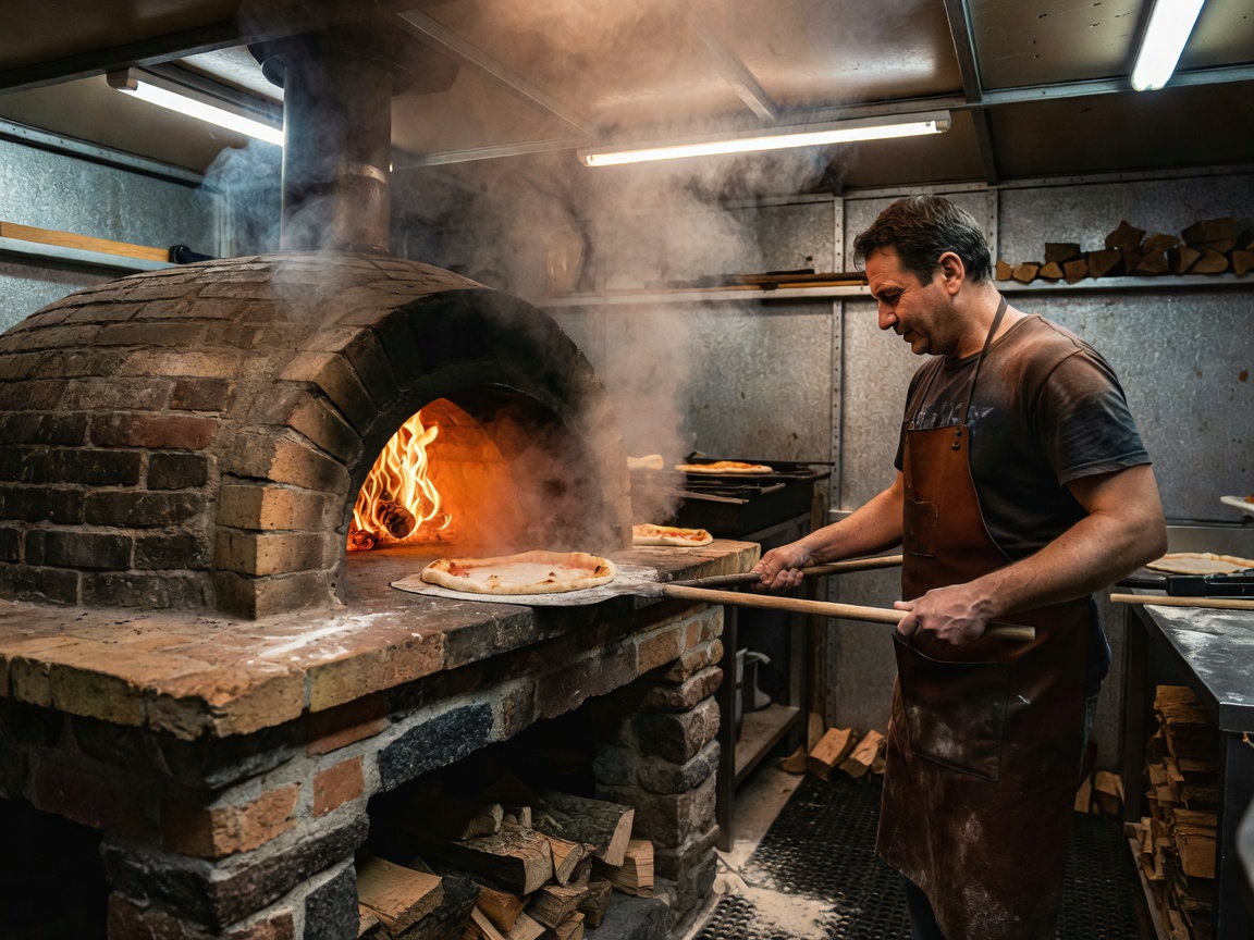 Wood-fired pizza oven operating live inside a mobile backstage setup